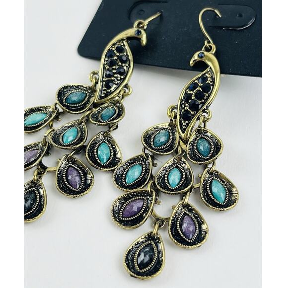 Pier 1 Peacock Dangle Earrings Brass tone Green Purple Blue Feathers Bird Cluste - Picture 2 of 10